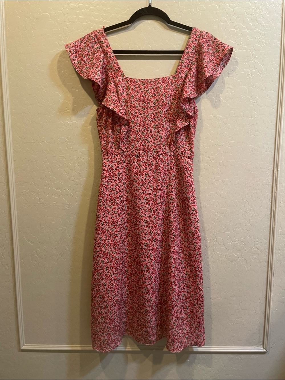 Monteau Pink Floral Ruffle-Sleeve Midi Dress